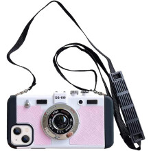 Cás Fóin Ceamara Seanré 3D Gleoite d'iPhone14 le Lára, Strap Inchoigeartaithe, Cás Silicone PC Bándearg do Mhná & Cailíní