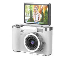 4K digitalkamera for fotografering, bærbart retrokamera med roterbar skjerm, kompakt retrokamera for utendørs bruk, hvitt, 1 sett