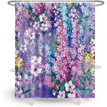 Perdea de duș florală mov, 72x72inch, decor de baie cu peisaje de grădină și cârlige