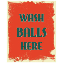 Plåtskylt "Wash Balls Here" - 20x30 cm metallväggdekor för man cave, she bod, garage, badrum, läger, idrottsavdelning