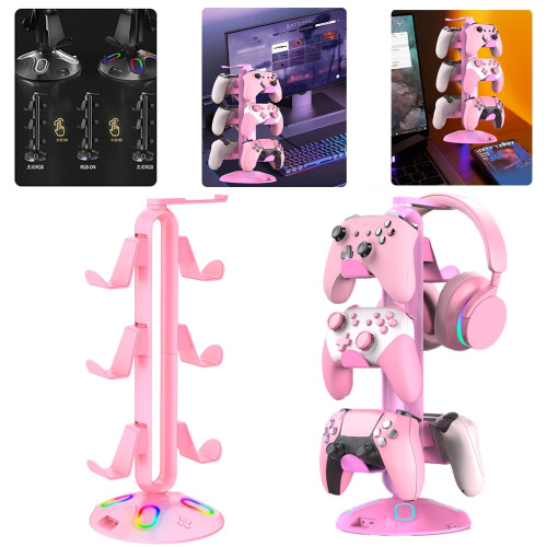 RGB Controller Stand with 2 USB Ports & Hub, Compatible with Switch, PS5, Xbox, Headset Bracket, 3.5mm & Type-C, Win7/8/10/11/Linux/Mac 1