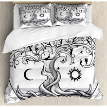 Sun and Moon Duvet Cover Set, Life Tree with Swirling Branches and Angels, Decorative 3 Pieces Bedding Set with 2 Pillowcases, Grey White