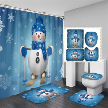 4-delige kerstdouchegordijnset met sneeuwpopmotief, inclusief antislipmatjes, toiletbrilhoes en 12 haken, geschikt voor U-vormige badkuipen.