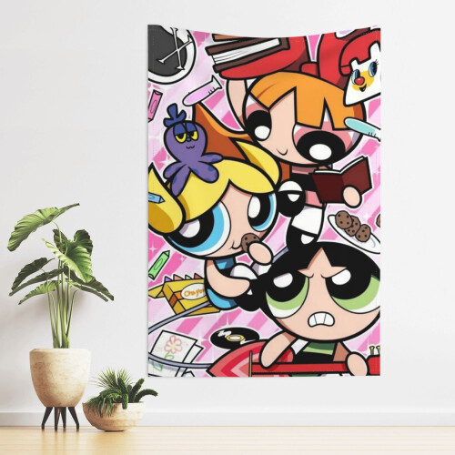 Ταπισερί τοίχου Powerpuff Girls, αδιάβροχο ύφασμα πολυεστέρα για υπνοδωμάτιο, σαλόνι, 2