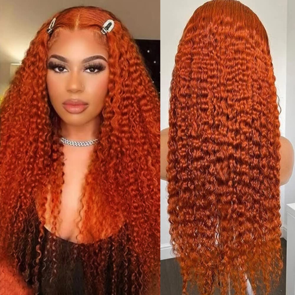 Unisex Orange Ginger 13X4 Hd Lace Front Human Hair Curly Wig Pre Plucked Brazilian Remy Deep Wave Glueless 150% Density 24 Inch
