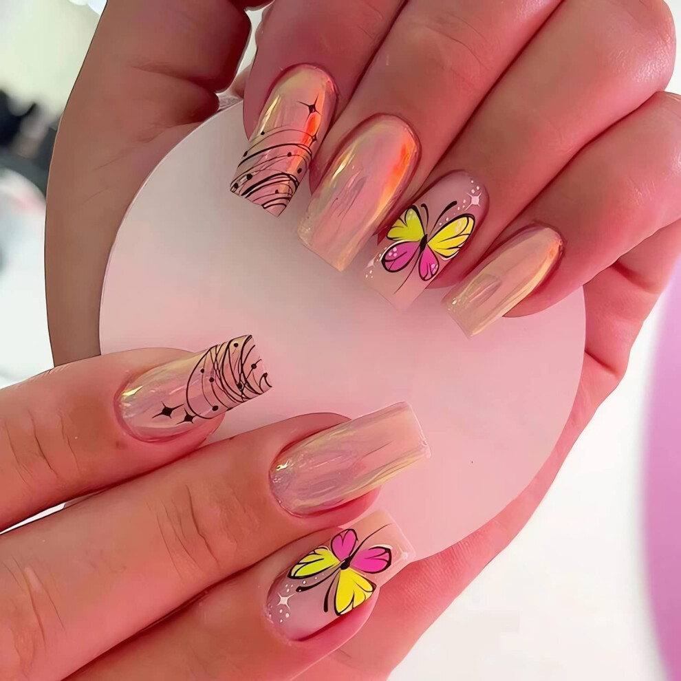 Medium Coffin Press On Nails Glossy Butterfly Design Acrylic 24pcs Full Cover Fake Nails Kit