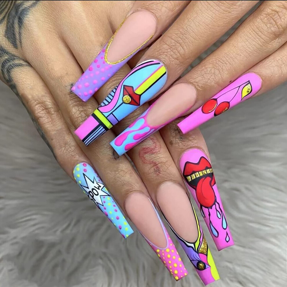 24pcs Long Coffin Press On Nails with Red Lip Cherry Design, Reusable Acrylic Fake Nails