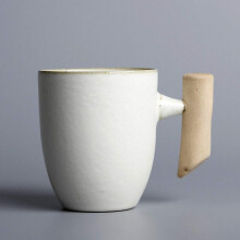 Japanese Vintage Ceramic Coffee Mug with Wooden Grip, Heat Retention, White for Home and Office