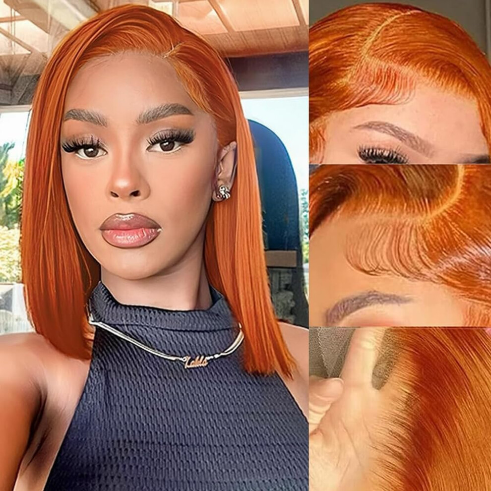 Unisex Orange,Black 14 Inch Ginger Orange Human Hair Lace Front Bob Wig, Glueless 13X4 Straight, Pre Plucked Natural Hairline For Black Women