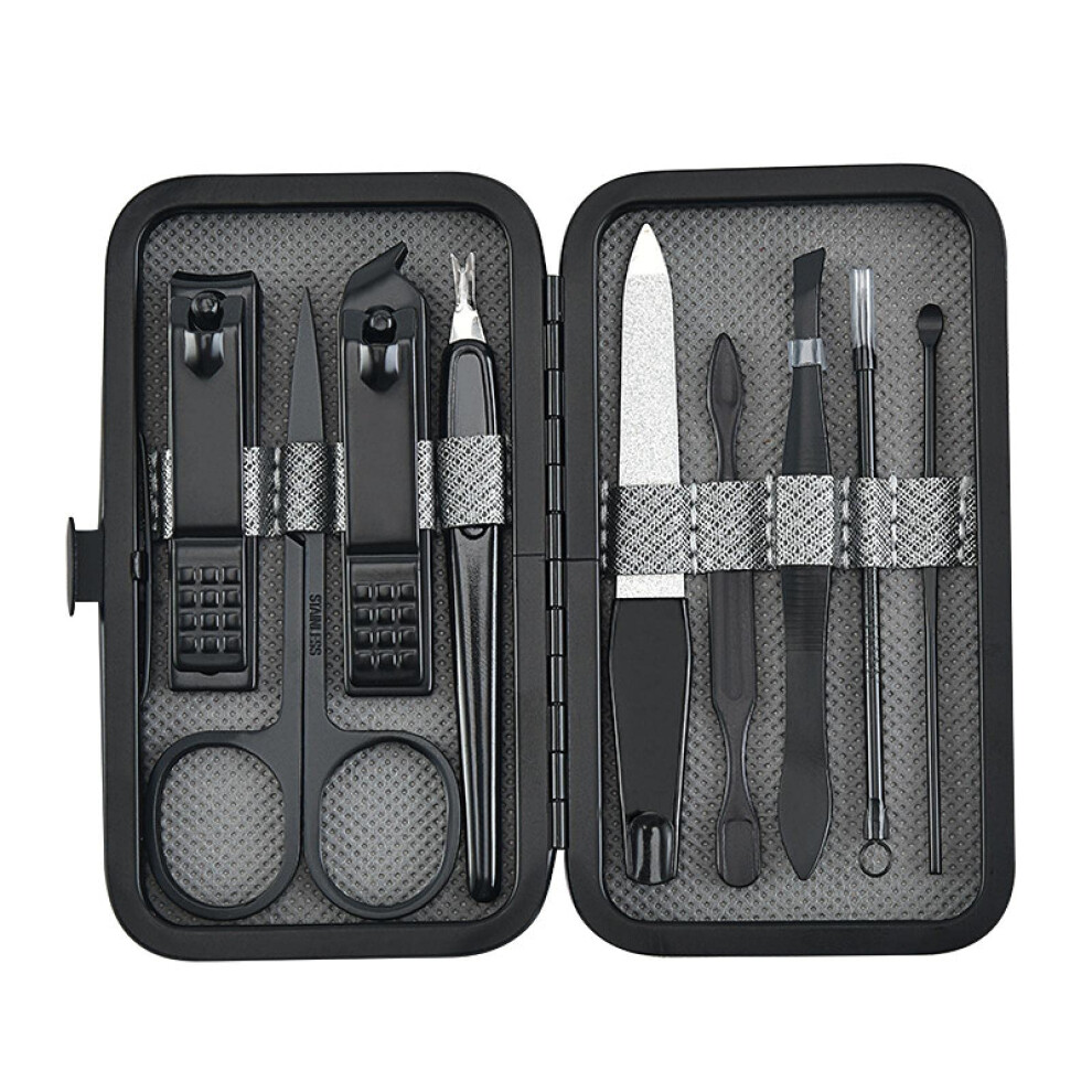 Gray Nail Care Kit Stainless Steel Manicure Set With Clippers Scissors Tweezer 9Pcs Gift Case