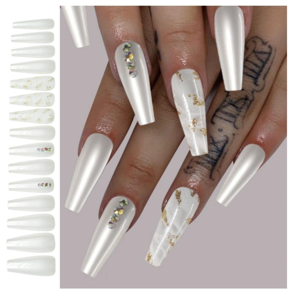 White Long Coffin Press On Nails Set 30Pcs Ballerina Acrylic False Nails For Women Quick Salon Results
