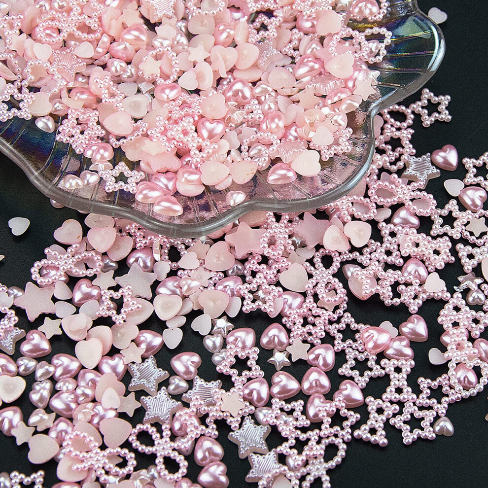 Pink 550Pcs Pearl Nail Art Charms Set Hearts Stars Bows Assorted 3D Pearl Decorations For Diy