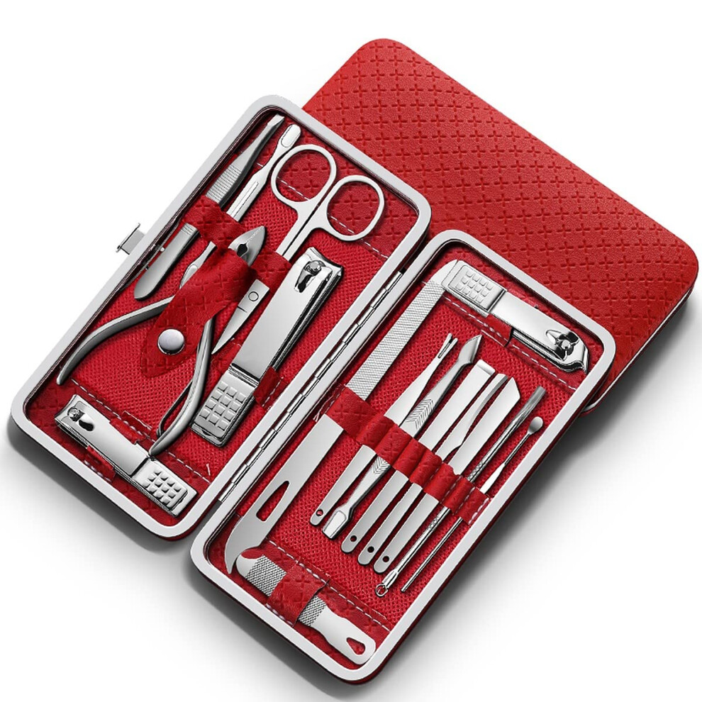 Manicure Pedicure Kit 16pcs Stainless Steel Nail Clippers Set Professional Grooming Tools with Travel Case