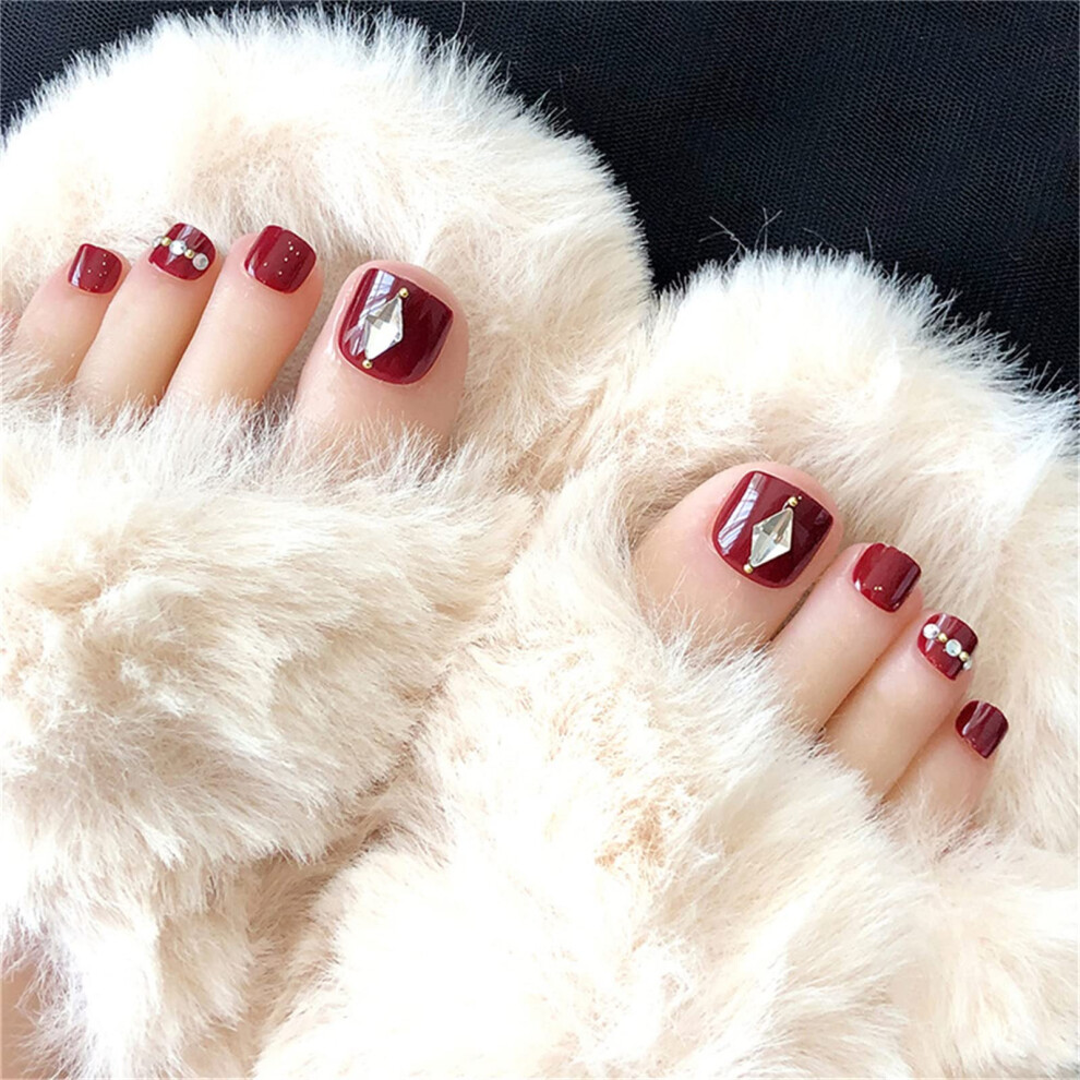 Wine Red Press on Nails with Diamonds, Short Square French Tip False Nails, 24pcs Full Cover Set