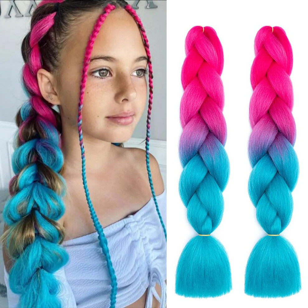 Unisex Blue,Red Red Blue Synthetic Braiding Hair Extensions 20 Inch Jumbo Ombre Prestretched For Box Braids 2Pcs