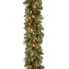 National Tree Co. Forhåndsbelyst kunstig julegirlander, grønn Carolina-furu, hvite lys, kongler, 2,7 m, batteridrevet DG11