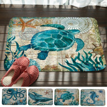 Badmat met oceaanthema: blauwe schildpad, octopus en zeepaardje, antislip flanellen badmat met kustkaart, zachte badkamermat voor de zomer met een