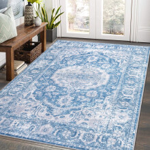 Covor lavabil vintage albastru Haperlare, 10x15 cm, compatibil cu stilurile boho și oriental, cu fir scurt pentru sufragerie, dormitor, birou