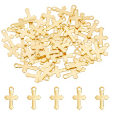 Pandantive mici în formă de cruce, din oțel inoxidabil 304, placate cu aur de 18K, 12x7x0.8mm, gaură: 1.2mm, 50 buc/cutie