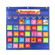 Blue Monthly Calendar Chart, Nylon Learning Calendar, Scratch-Resistant Pocket Calendar Card Bag for Home School, compatible with Tssuoun