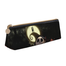 Nightmare Before Christmas Triangle Pen Pouch, Black Leather Pencil Case Compatible with Fountain Pens, Markers, Makeup, Coins - White