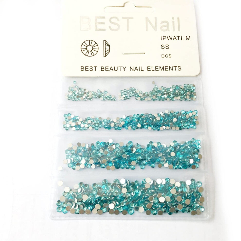 Aquamarine Nail Rhinestones Mixed Sizes SS4 SS6 SS8 SS10 Flatback Glass Gems for Manicure