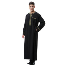 Muslim Men Thobe Black with Gold Embroidery, Dubai Style Long Sleeve Islamic Kaftan Robe M3XL
