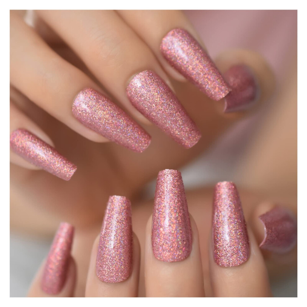 Pink,Cream Pink Nude Coffin Press On Nails With 3D Glitter Ballerina Design, 24Pcs Offwhite Fake Nails Set
