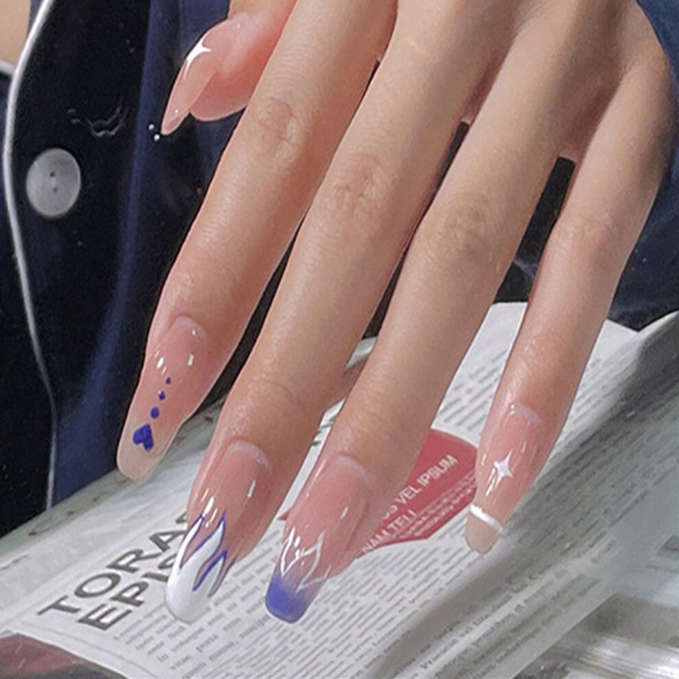 Blue,White 24Pcs Long White And Blue Flame Press On Nails Acrylic Fake Nails With Glue And File For Women