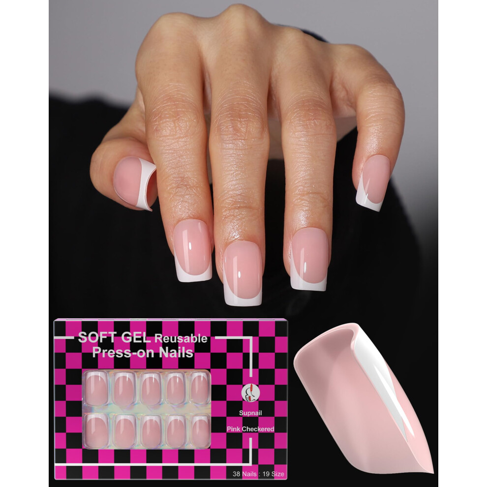 Short Square Press On Nails Nude Pink French, 38pcs Fake Nails with Glue and Jelly Stickers