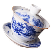 Chinese Tea Cup with Lid and Saucer, Blue and White Porcelain, Overflow Protection, Gift Idea