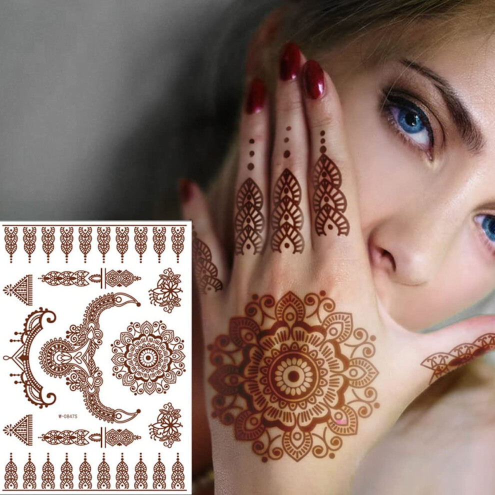 Brown Henna Temporary Tattoos For Women Butterfly Elephant Waterproof Removable 8 Sheets Set