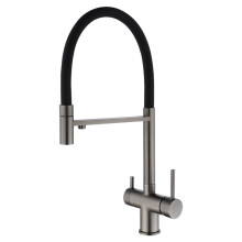 Kitchen Faucet with Pull Out Sprayer, 3 Way Stainless Steel Tap, 360 Swivel, Dual Handle, Gray Black