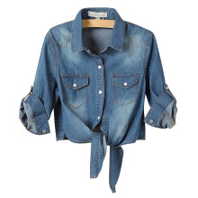 Honeeladyy Εκκαθάριση κάτω των 10$ Γυναικεία τζιν Chambray Crop Tops με μανίκια και δέσιμο