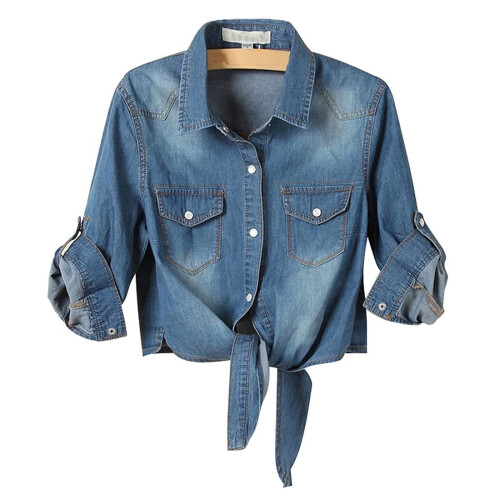 Honeeladyy Εκκαθάριση κάτω των 10$ Γυναικεία τζιν Chambray Crop Tops με μανίκια και δέσιμο