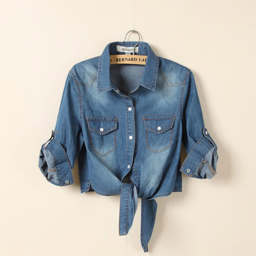 Honeeladyy Εκκαθάριση κάτω των 10$ Γυναικεία τζιν Chambray Crop Tops με μανίκια και δέσιμο 1