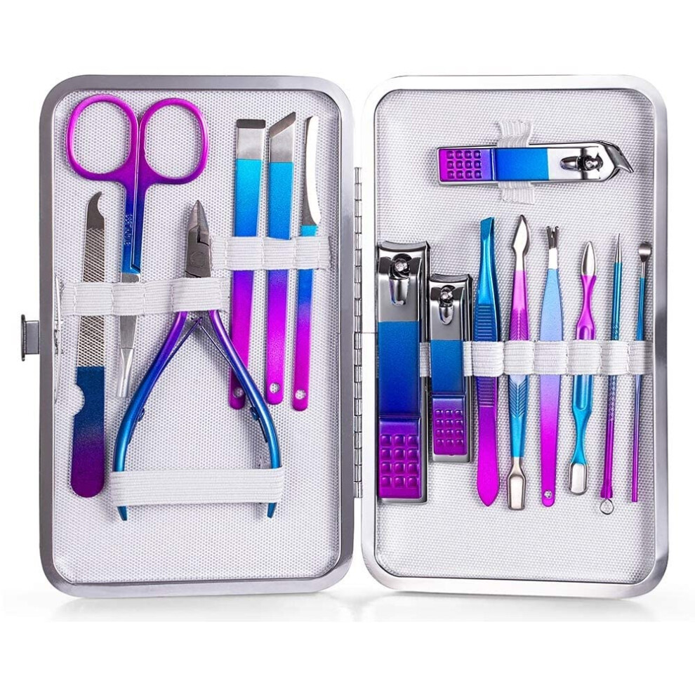15pcs Stainless Steel Manicure Set Pedicure Kit with Colorful RustResistant Tools and Travel Case