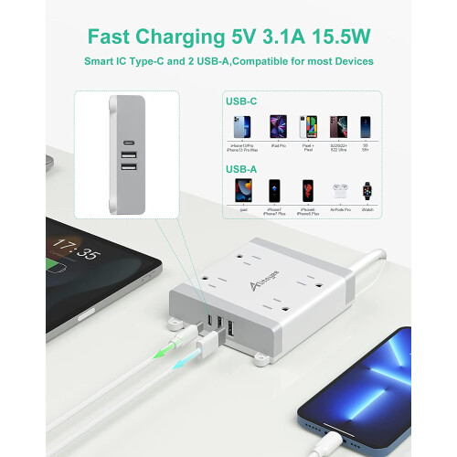 Πολύπριζο, προστασία από υπερτάσεις USB με 4 πρίζες ευρείας απόστασης και 3 θύρες USB, 2