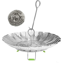 Panier vapeur pliable en acier inoxydable, réglable pour casseroles de 16 à 25 cm, compatible avec les légumes, poissons, fruits de mer et œufs.