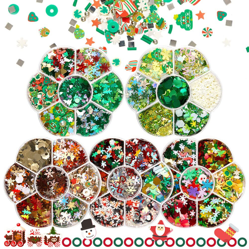 5 Box Christmas Nail Art with Holographic Snowflake Sequins 3D Santa Stickers Glitter Decals