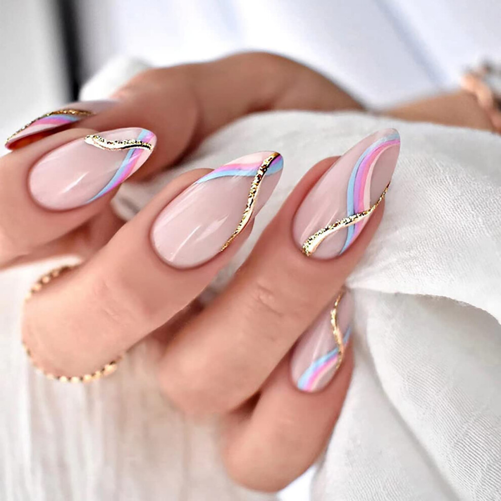 Medium Almond Press On Nails 24PCS French Wave Fake Nails with Glue Stickers and Nail File