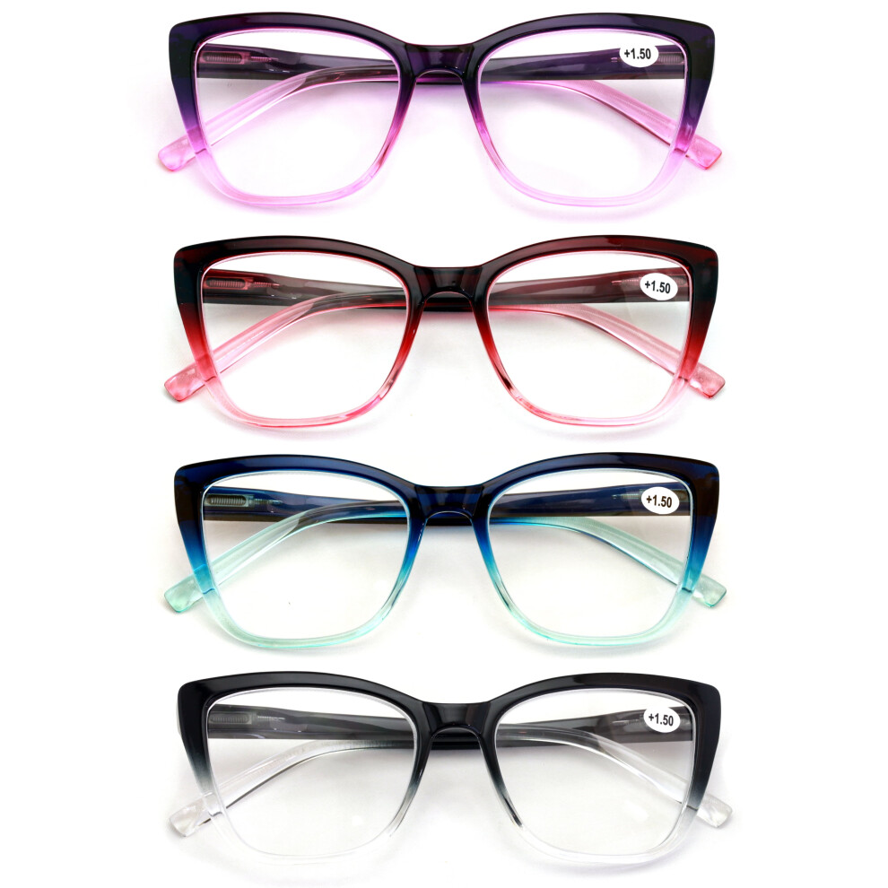 4 Pairs Women Oversized Translucent 2-Tone Cateye Reading Glasses - Spring Hinge Reader DR09 +4.00