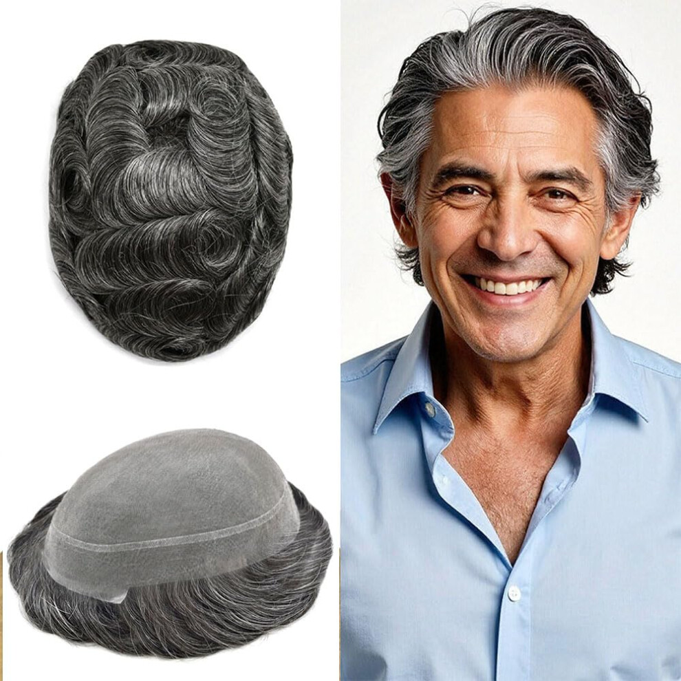Unisex Black,Grey Men's Toupee Fine Mono Breathable Base Human Hairpiece With Invisible Hairline Off Black 40% Grey 7X9 120% Density