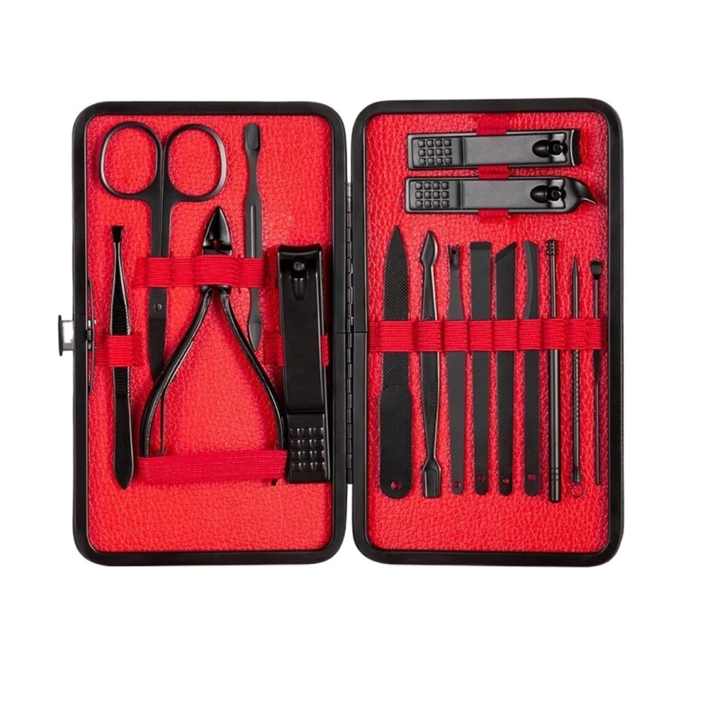 Red Manicure Pedicure Set 16Pcs Stainless Steel Allinone Grooming Kit With Nail Clippers And Scissors