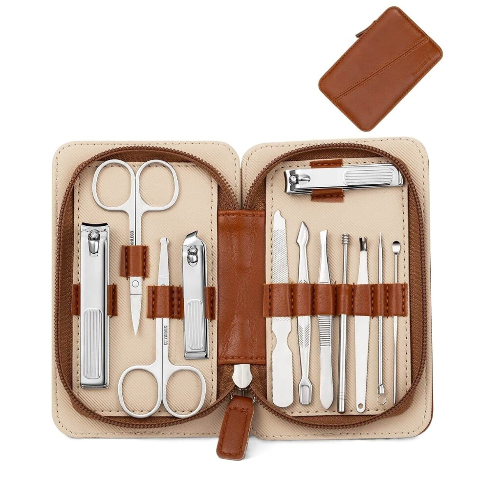 Dark/Brown Manicure Set 12Pcs Stainless Steel Pedicure Kit With Nail Clippers And Grooming Tools