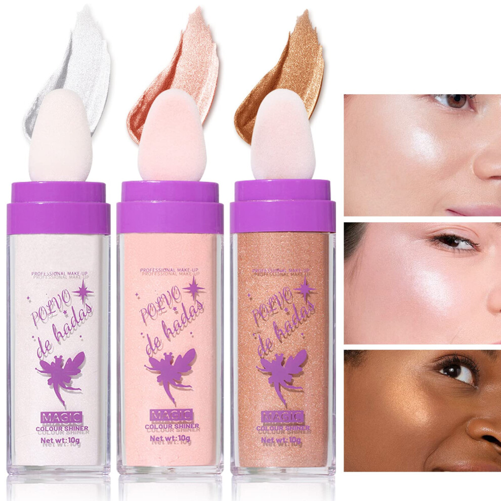 Highlighter Stick with Builtin Sponge, Shimmer Face and Body Glitter, 3 Color Glow Makeup