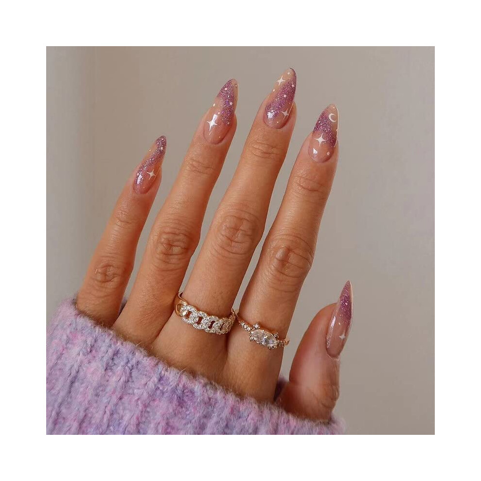 24 Pcs Glitter French Tip Long Ballerina Press on Nails, Reusable False Nails with Glue