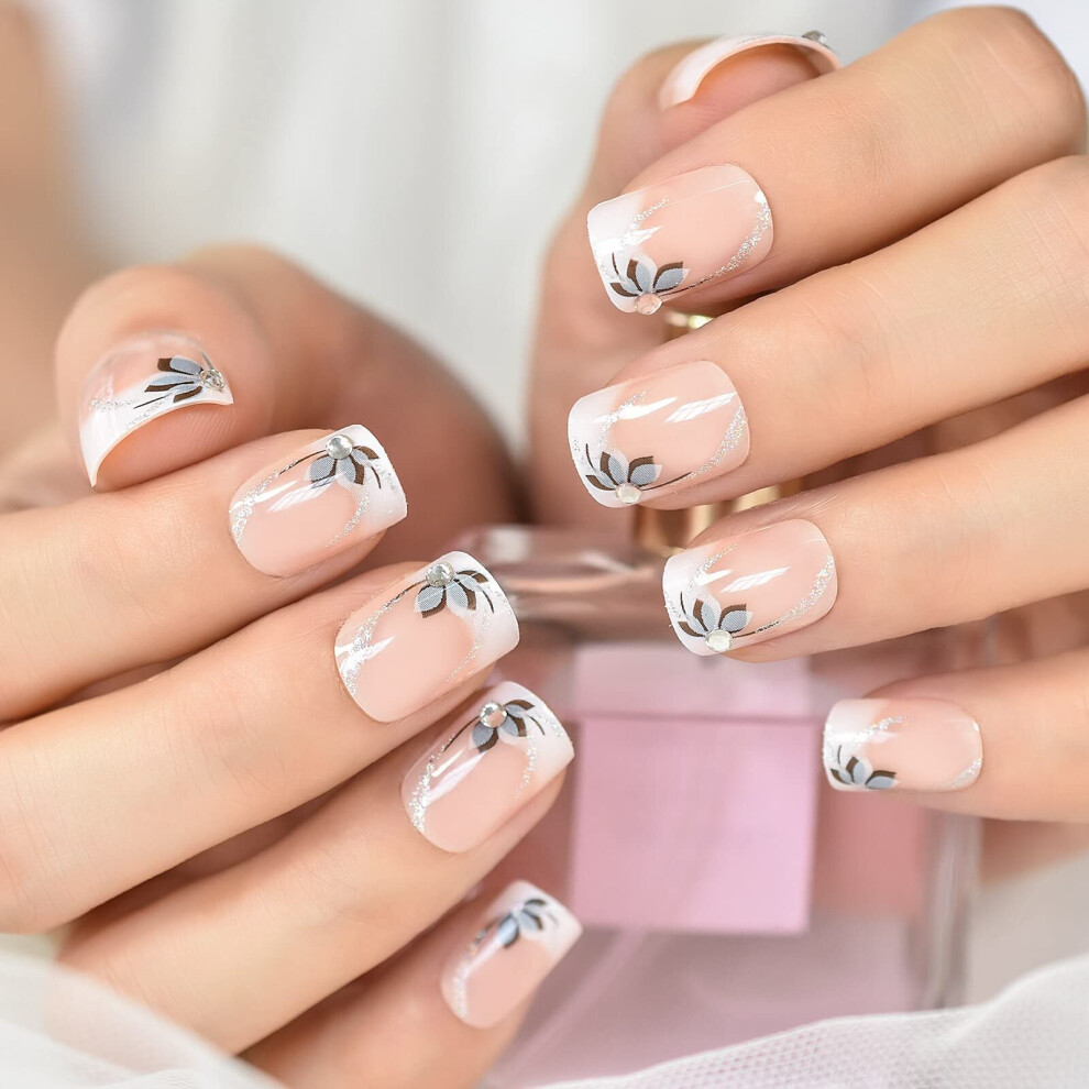 Cream Short Squoval Press On Nails Nude Butterfly Glitter With 3D Rhinestones Reusable Fake Acrylic Nails