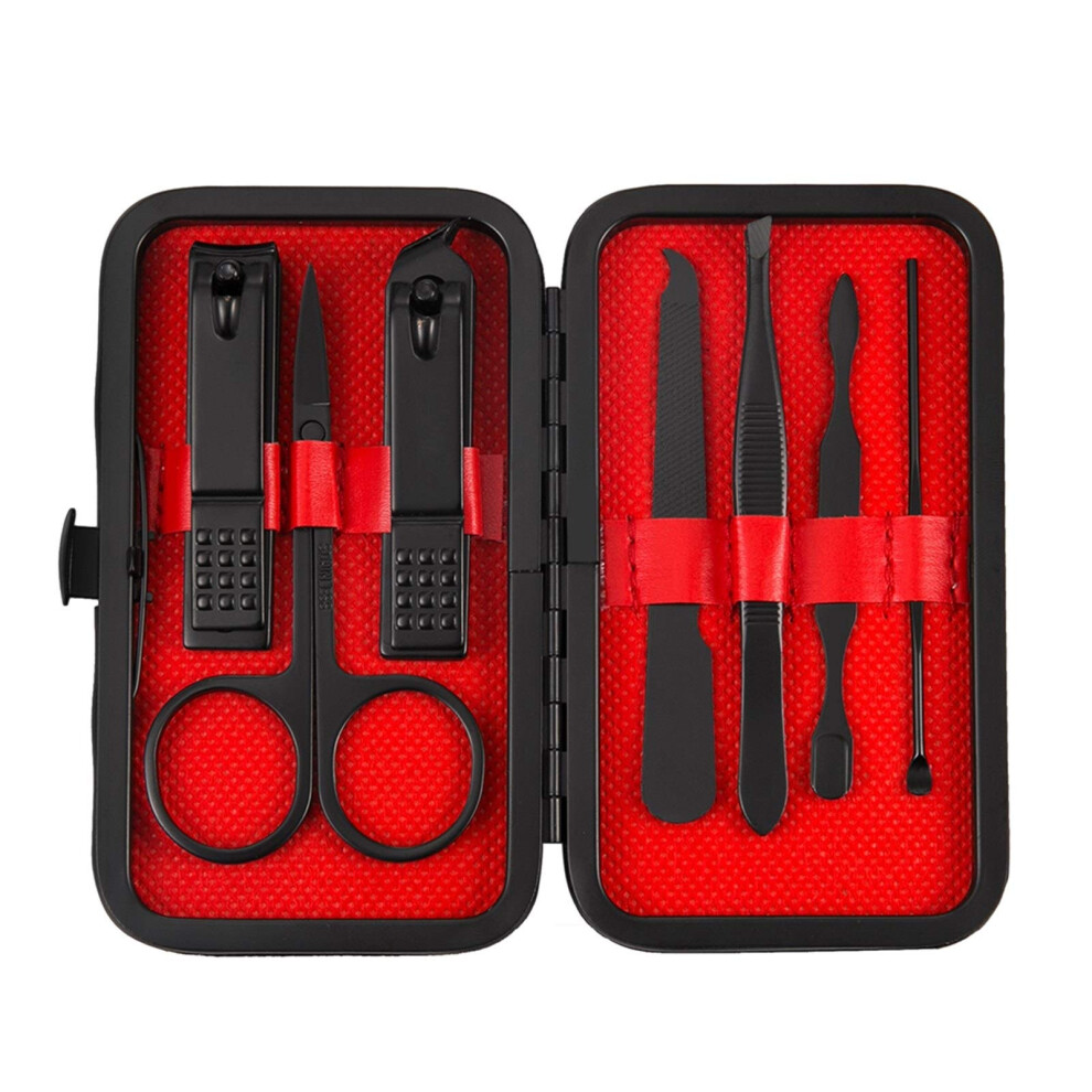 Black Manicure Pedicure Set With Sharp Stainless Steel Blades, 7Pcs Travel Nail Clippers Kit In