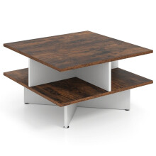 Square Wooden Coffee Table with 4 Storage Shelves, Rustic Brown